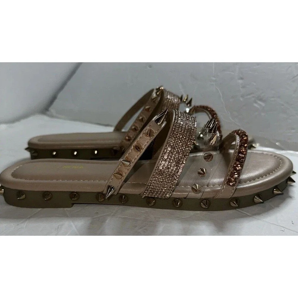 Fashion Nova Sandals 9 Flat Strap Spike Studded Rhinestones Bling Rose Gold NIB - Picture 2 of 7